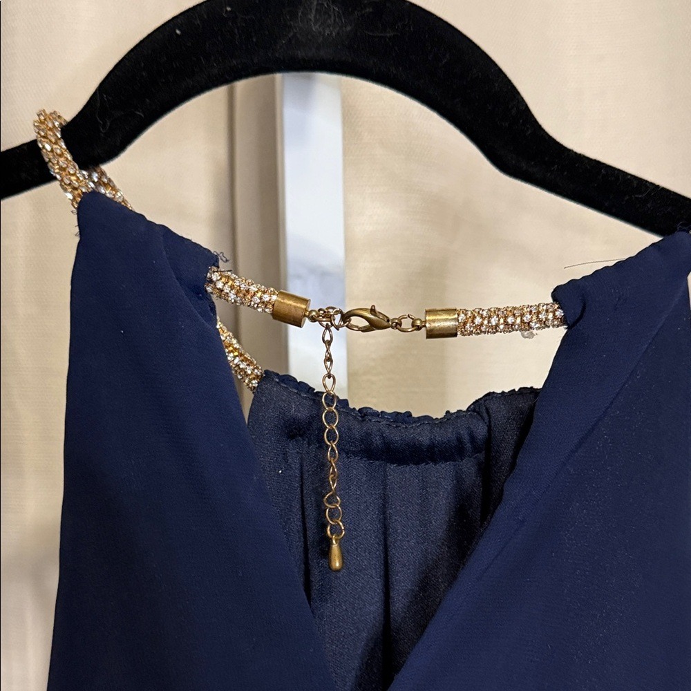 Betsy & Adam Navy Blue Chiffon High-Low Halter Dress Rhinestone Chain Size 8 - Picture 4 of 6